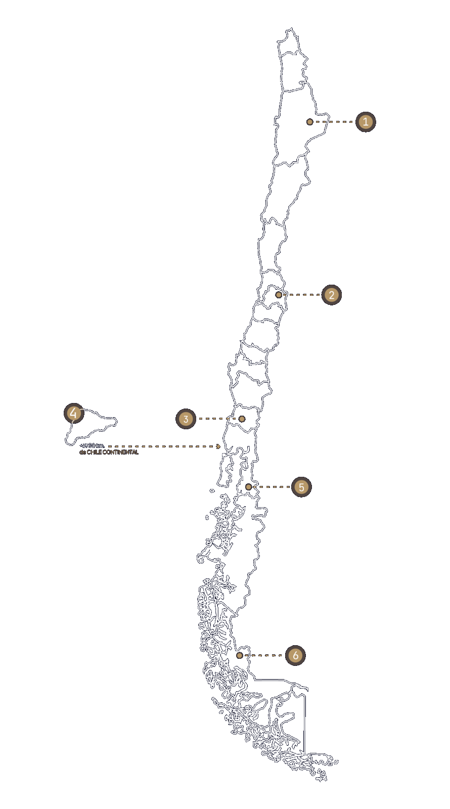 Map of Chile marking six Ann&Palm destinations