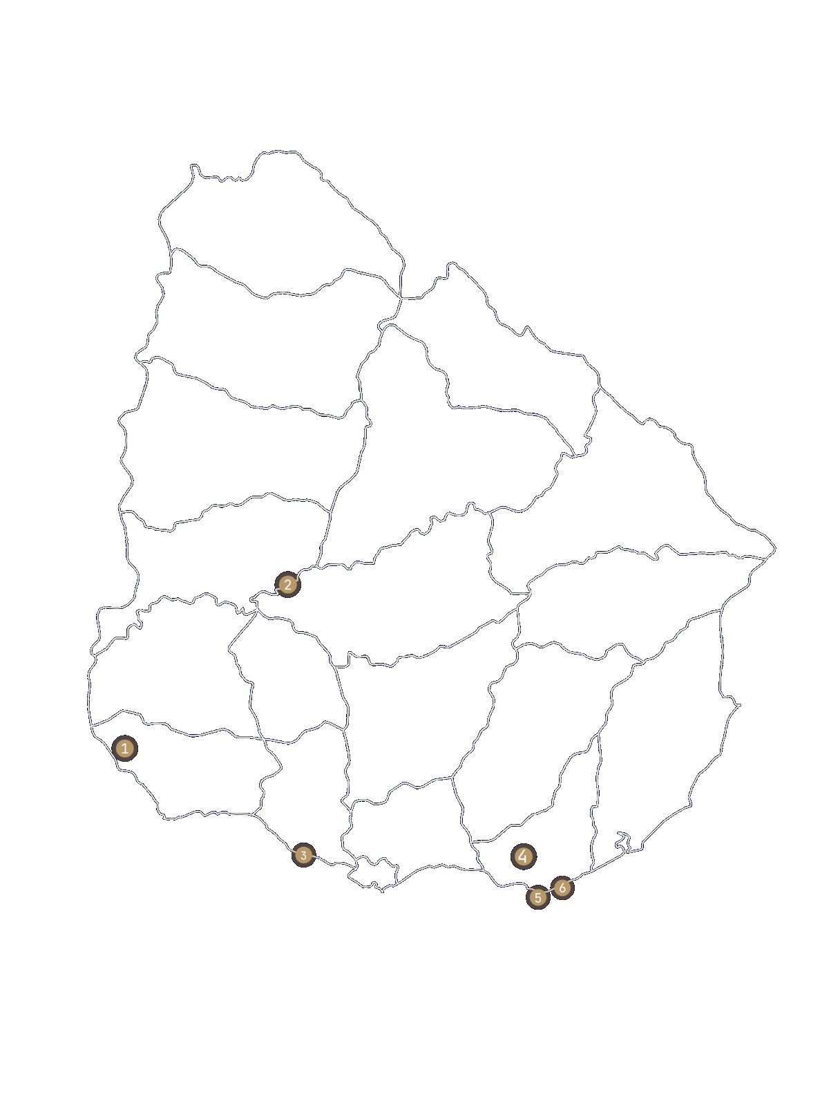 Map of Uruguay marking six Ann&Palm destinations