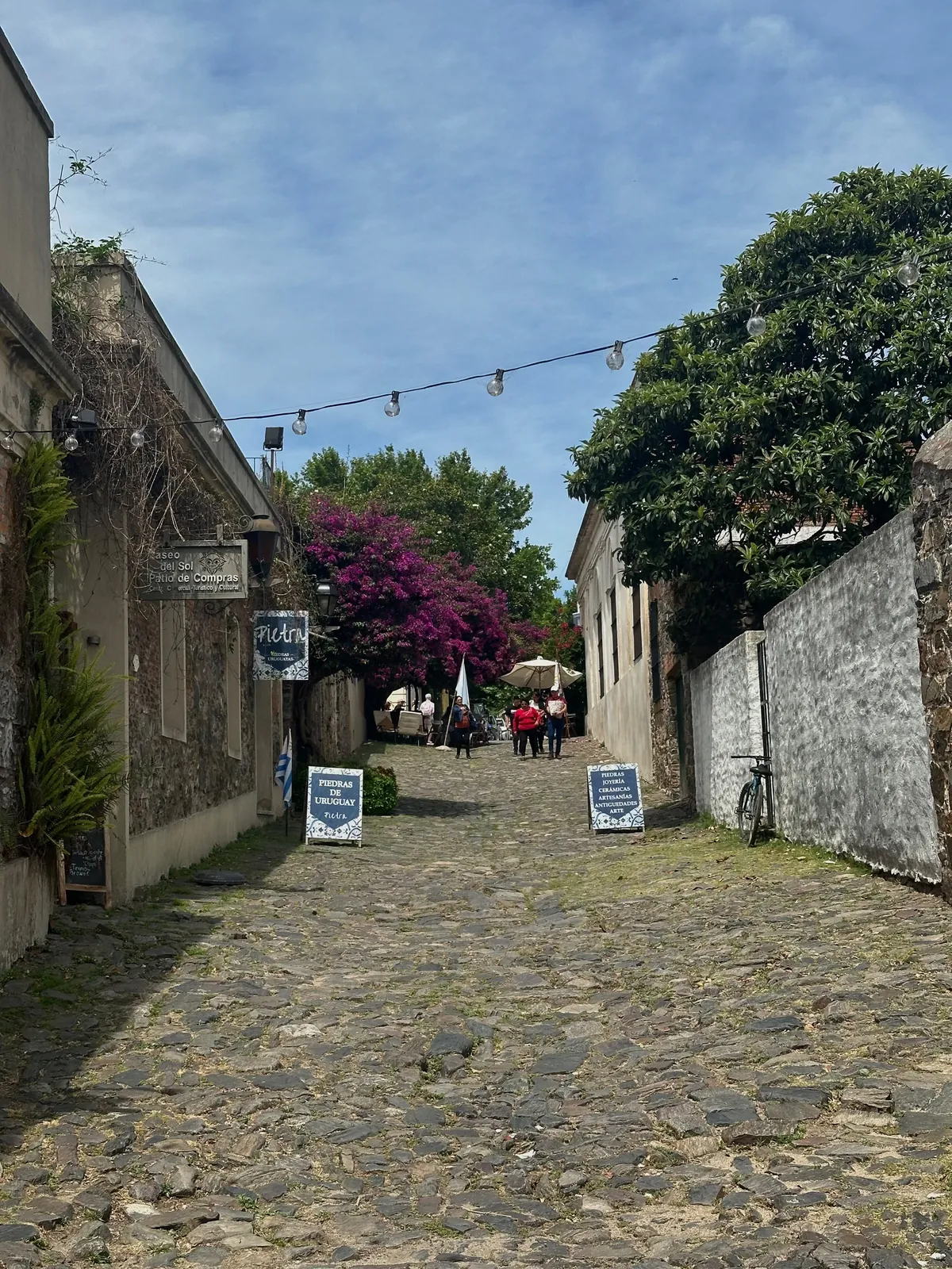A narrow historic street with artisan galleries and bougainvillea in Colonia del Sacramento