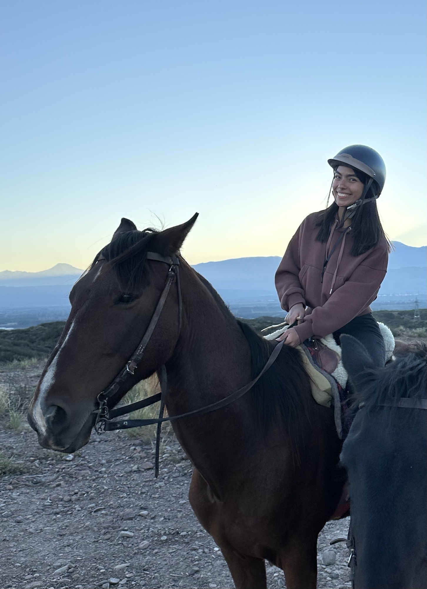 A rider and her horse in the Andean foothills of Mendoza